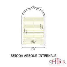 Technical line drawing detailing the internal seating dimensions of the Shire Bejoda garden arbour.