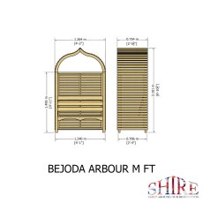 Dimension diagram showing front and side exterior measurements for the Shire Bejoda arbour.