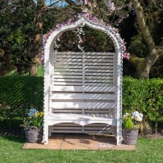 Front view of the Shire Bejoda wooden arbour seat featuring slatted back and side trellis panels.
