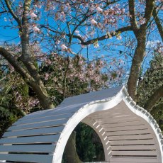 Close-up of the curved ogee-style roof design on the Shire Bejoda timber garden arbour.