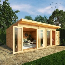 5.00mx4.00m Mercia Insulated Garden Room With Side Shed - in situ, doors open