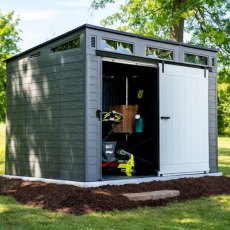 10x7 Suncast Modernist Barn Door Pent Plastic Shed - in situ, angle view, doors open