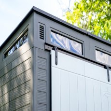 10x7 Suncast Modernist Barn Door Pent Plastic Shed - in situ, roof view