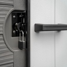 10x7 Suncast Modernist Barn Door Pent Plastic Shed - in situ, lock