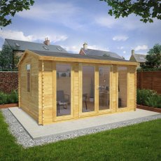 4.5m x 3.5m Mercia Home Office Director Log Cabin (34mm To 44mm Logs) - in situ, angle view, doors closed