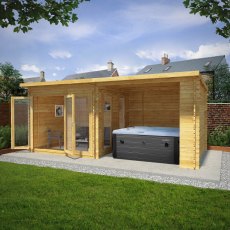 6mx3m Mercia Studio Pent Log Cabin With Outdoor Area In 28mm Logs - in situ, angle view, doors open