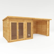 6mx3m Mercia Studio Pent Log Cabin With Outdoor Area In 28mm Logs - isolated angle view, doors closed