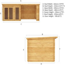 6mx3m Mercia Studio Pent Log Cabin With Outdoor Area In 28mm Logs - dimensions