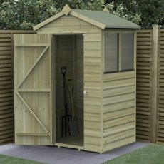 4 X 3 Forest Beckwood Tongue & Groove Apex Wooden Shed 25yr Guarantee - in situ, angle view, doors open