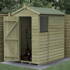 6x4 Forest Beckwood Tongue & Groove Apex Wooden Shed - in situ, angle view, doors open