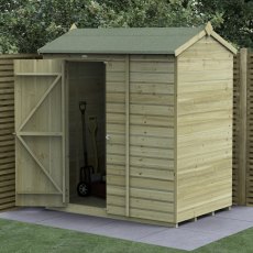 6x4 Forest Beckwood Tongue & Groove Windowless Reverse Apex Wooden Shed - in situ, angle view, doors open