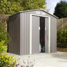 6x4 Rowlinson Trentvale Metal Apex Shed In Light Grey - in situ, angle view, doors half open