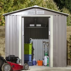 6x4 Rowlinson Trentvale Metal Apex Shed In Light Grey - in situ, front view, doors open