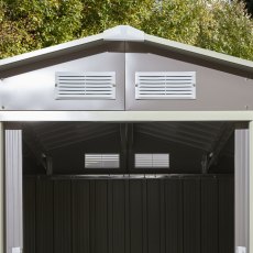 6x4 Rowlinson Trentvale Metal Apex Shed In Light Grey - in situ, close up front view