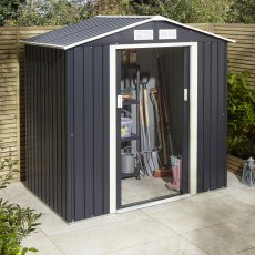 6x4 Rowlinson Trentvale Metal Apex Shed In Dark Grey - in situ, angle view, doors open