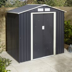 6x4 Rowlinson Trentvale Metal Apex Shed In Dark Grey - in situ, angle view, doors closed