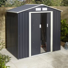 6x4 Rowlinson Trentvale Metal Apex Shed In Dark Grey - in situ, angle view, doors half open