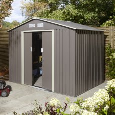 8x6 Rowlinson Trentvale Metal Apex Shed in Light Grey - in situ, angle view, doors half open