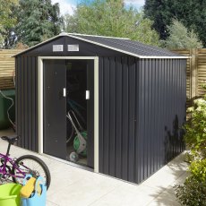 8x6 Rowlinson Trentvale Apex Metal Shed in Dark Grey - in situ, angle view, doors half open