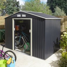 8x6 Rowlinson Trentvale Apex Metal Shed in Dark Grey - in situ, angle view, doors open