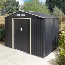 8x6 Rowlinson Trentvale Apex Metal Shed in Dark Grey - in situ, angle view, doors closed