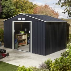 10x8 Rowlinson Trentvale Metal Apex Shed in Dark Grey - in situ, angle view, doors open