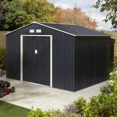 10x8 Rowlinson Trentvale Metal Apex Shed in Dark Grey - in situ, angle view, doors closed