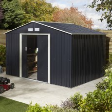 10x8 Rowlinson Trentvale Metal Apex Shed in Dark Grey - in situ, angle view, doors half open