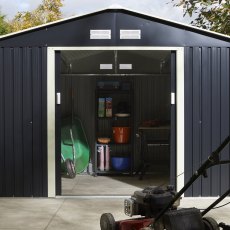 10x8 Rowlinson Trentvale Metal Apex Shed in Dark Grey - in situ, front view, doors open