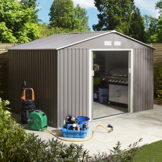 10x8 Rowlinson Trentvale Metal Apex Shed in Light Grey - in situ, angle view, doors open