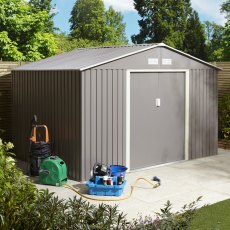 10x8 Rowlinson Trentvale Metal Apex Shed in Light Grey - in situ, angle view, doors closed