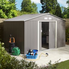 10x8 Rowlinson Trentvale Metal Apex Shed in Light Grey - in situ, angle view, doors half open