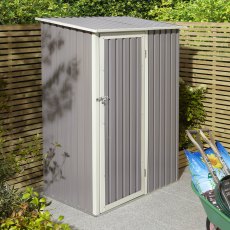 5x3 Rowlinson Trentvale Metal Pent Shed in Light Grey - in situ, angle view, doors closed
