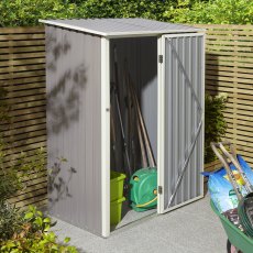 5x3 Rowlinson Trentvale Metal Pent Shed in Light Grey - in situ, angle view, doors open