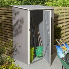 5x3 Rowlinson Trentvale Metal Pent Shed in Light Grey - in situ, angle view, door half open