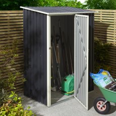 5x3 Rowlinson Trentvale Metal Pent Shed in Dark Grey - in situ, angle view, door half open