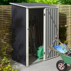 5x3 Rowlinson Trentvale Metal Pent Shed in Dark Grey - in situ, angle view, door fully open