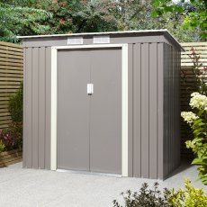 6x4 Rowlinson Trentvale Metal Pent Shed in Light Grey - in situ, angle view, doors closed