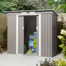 6x4 Rowlinson Trentvale Metal Pent Shed in Light Grey - in situ, angle view, doors half open