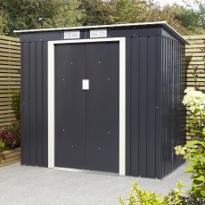 6x4 Rowlinson Trentvale Metal Pent Shed in Dark Grey - in situ, angle view, doors closed