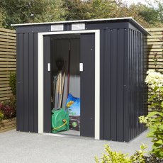 6x4 Rowlinson Trentvale Metal Pent Shed in Dark Grey - in situ, angle view, doors half open