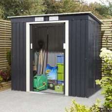 6x4 Rowlinson Trentvale Metal Pent Shed in Dark Grey - in situ, angle view, doors open