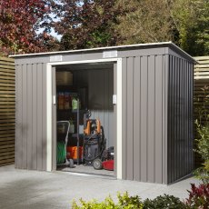 8x4 Rowlinson Trentvale Pent Metal Shed in Light Grey - in situ, angle view, doors open