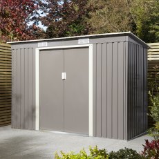 8x4 Rowlinson Trentvale Pent Metal Shed in Light Grey - in situ, angle view, doors closed