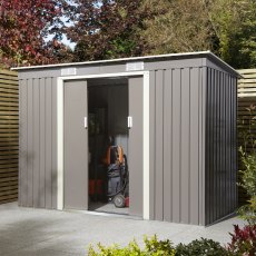 8x4 Rowlinson Trentvale Pent Metal Shed in Light Grey - in situ, angle view, doors half open