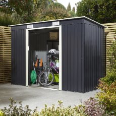 8x4 Rowlinson Trentvale Pent Metal Shed in Dark Grey - in situ, angle view, doors open