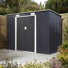 8x4 Rowlinson Trentvale Pent Metal Shed in Dark Grey - in situ, angle view, doors closed