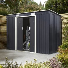 8x4 Rowlinson Trentvale Pent Metal Shed in Dark Grey - in situ, angle view, doors half open