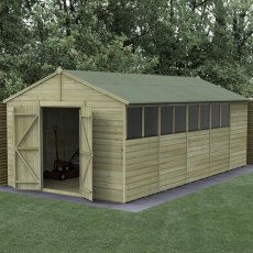 10x20 Forest Beckwood Tongue & Groove Apex Wooden Shed with Double Doors  - in situ, angle view, doors open