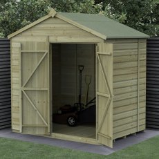 7x5 Forest Beckwood Tongue & Groove Windowless Apex Wooden Shed with Double Doors - in situ, angle view, doors open